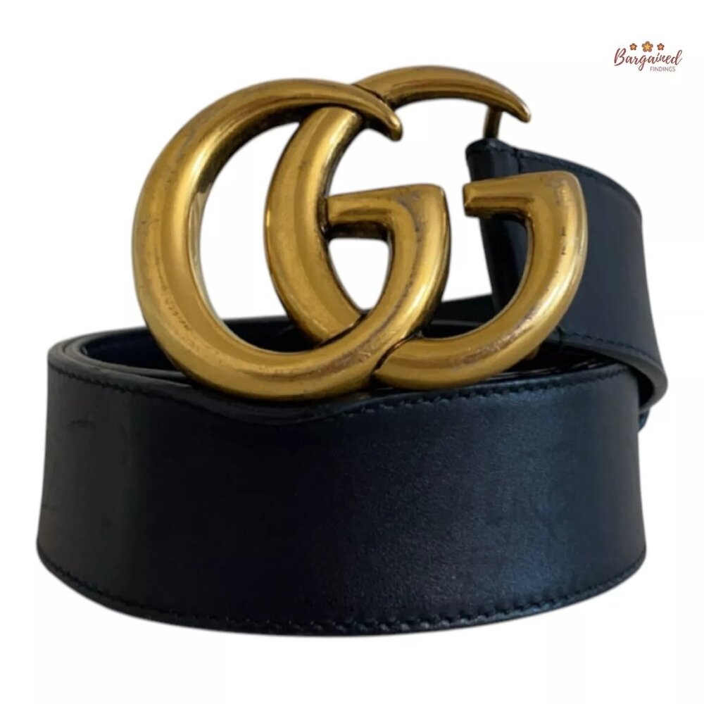 Authentic Gucci Black Smooth Calfskin Leather Gold Double G Buckle Belt 75/30